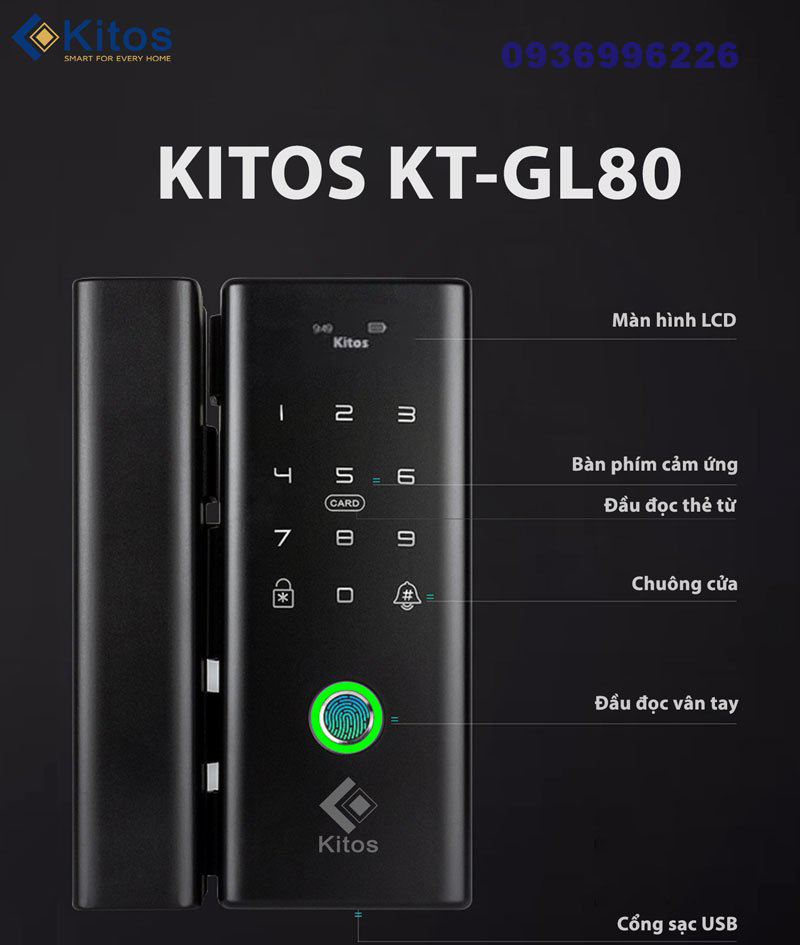 Khoá cửa vân tay dùng cho cửa kính thuỷ lực Kitos KT-GL80 - kitos gl80 3