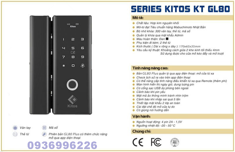 Khoá cửa vân tay dùng cho cửa kính thuỷ lực Kitos KT-GL80 - kitos gl80 thong so ky thuat