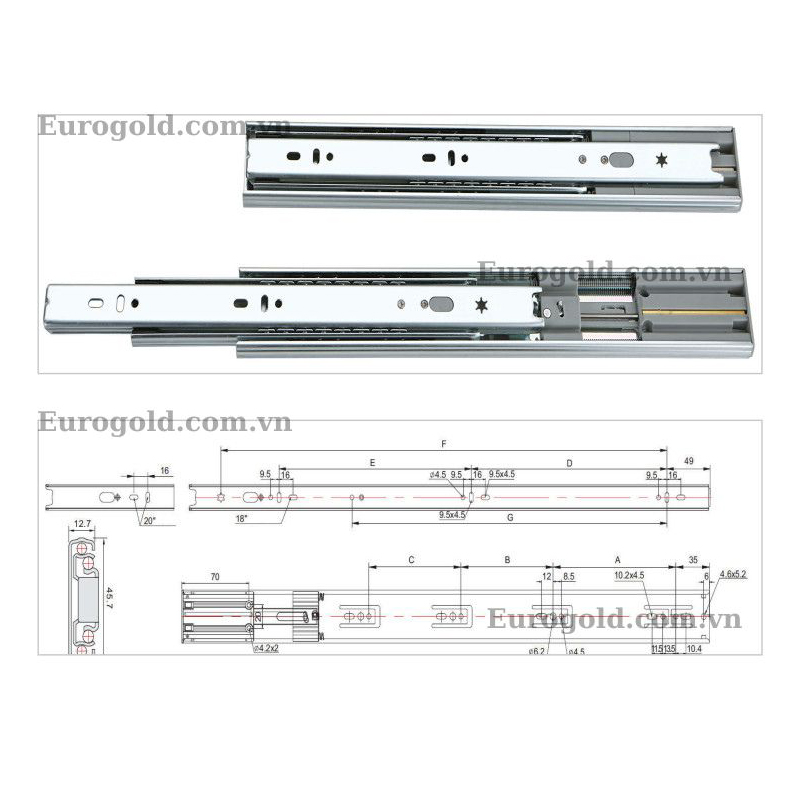 Ray bi 3 tầng giảm chấn Eurogold SD350 - ray bi 3 tang giam chan