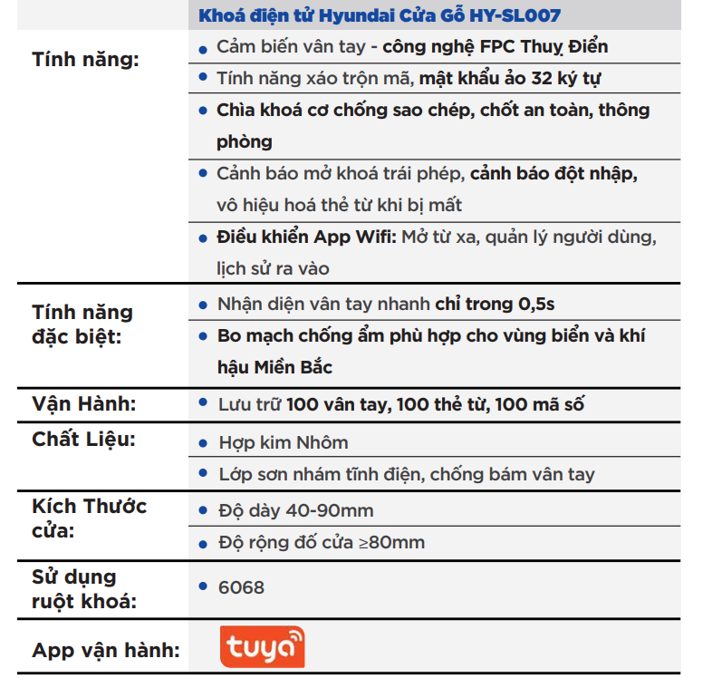 Thông số kỹ thuật Khóa cửa Hyundai HY-SL007